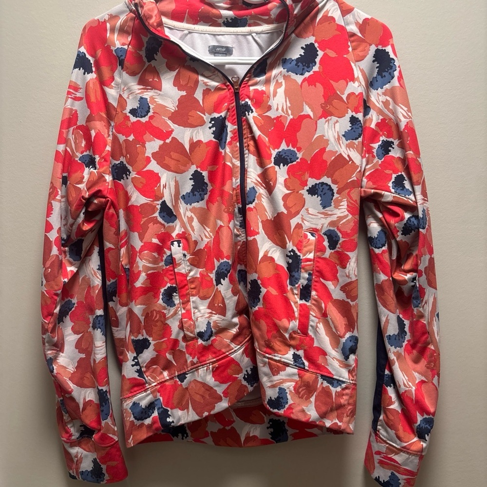 aerie Floral Bomber Jacket in Coral, Navy & Cream